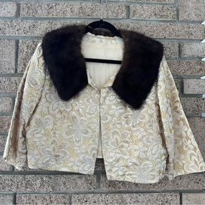 Vintage brocade crop jacket with fur collar
